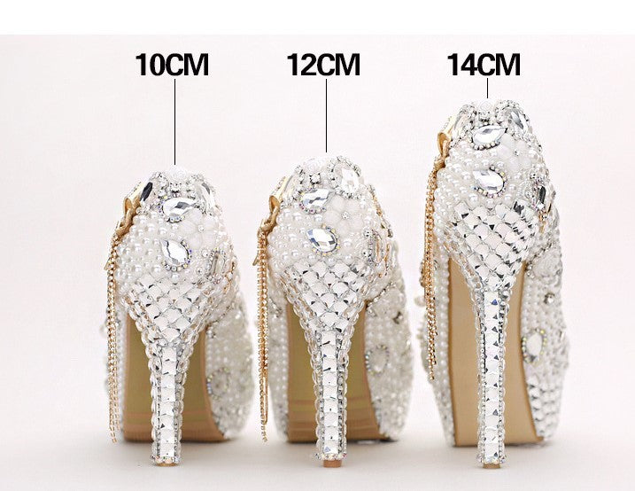 High Heel Waterproof Pearl Light Luxury Crystal Wedding Shoes