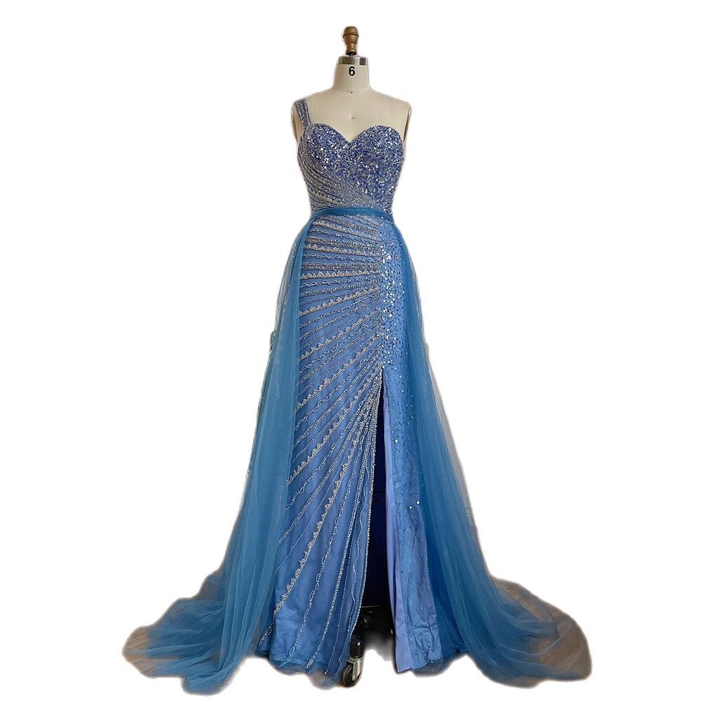 Blue Handmade Beaded Fishtail Dress