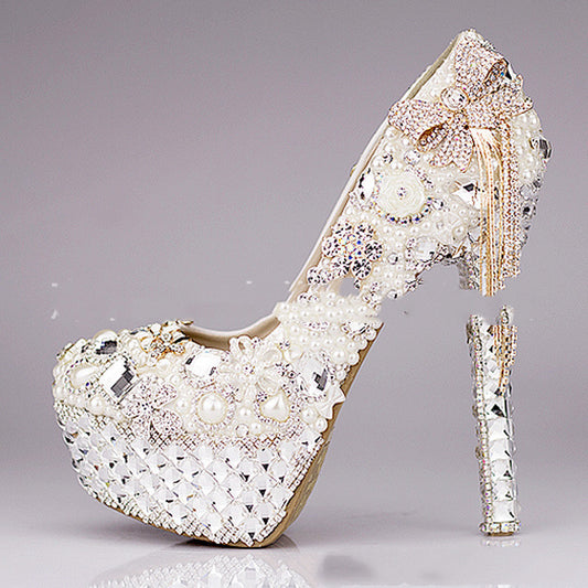 High Heel Waterproof Pearl Light Luxury Crystal Wedding Shoes